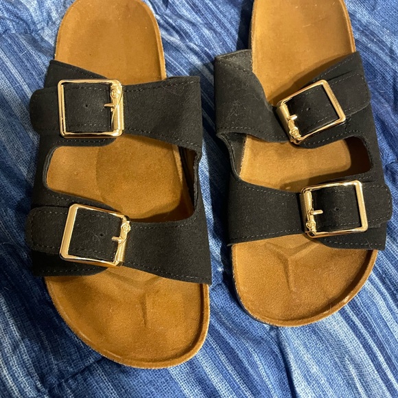 Shoes - Black and Brown Sandals with Gold Buckles